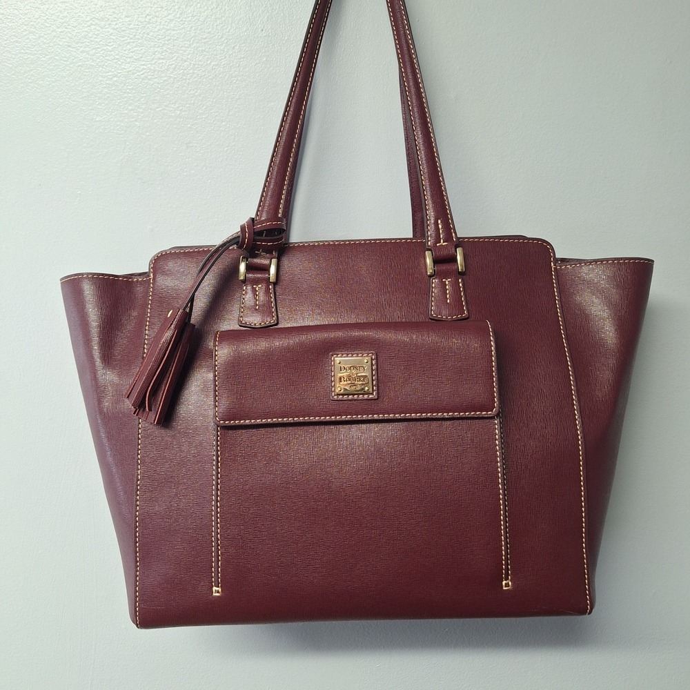 Dooney Bourke Leather Shopper Tote Bag Burgundy Pebbled Gold Hardware Tassel